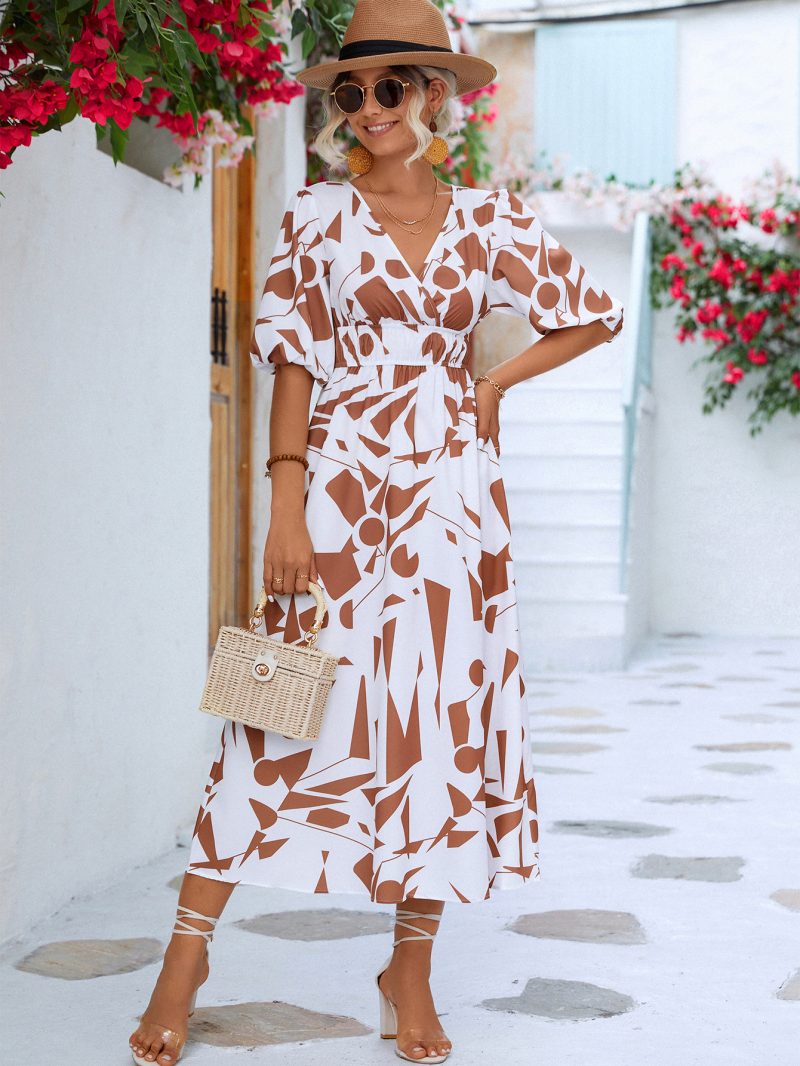 Spring Summer Women Clothing V neck Puff Sleeve Dress - Image 2