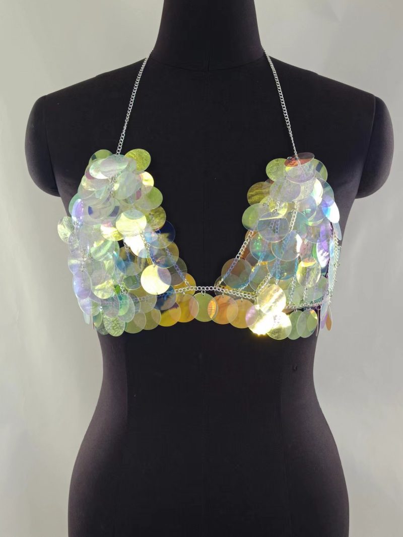 Steele Glow Sequined Thin Sexy Embellished Halter Backless Top Tube Top Short Vest - Image 2