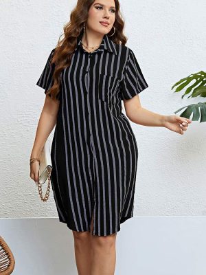 Summer Black Striped Loose Casual Shirt Dress Women