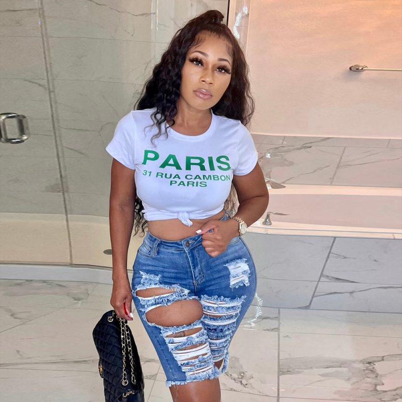 Summer round Neck Cropped Women T shirt Tight Letter Graphic Short Sleeve Top - Image 2