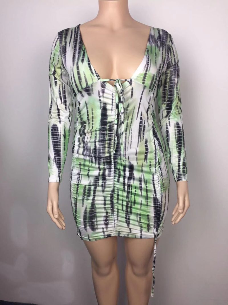 Plus Size Popular  Printed V Neck Sexy Crumpled Hip Dress - Image 3