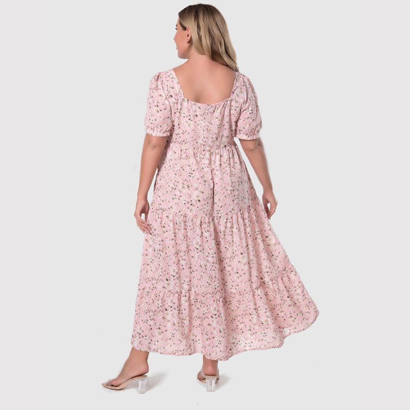 Plus Size Women U Collar Puff Sleeve Floral Dress Sweet Waist Trimming Maxi Dress - Image 5