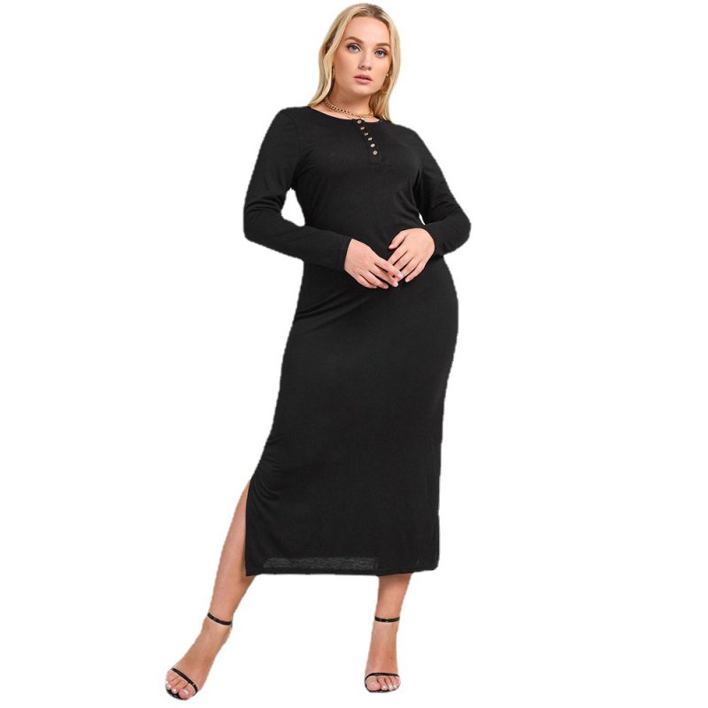 Plus Size Women  Clothing New Long Sleeve Split Knitted V-neck Sexy Slim Dress - Image 5