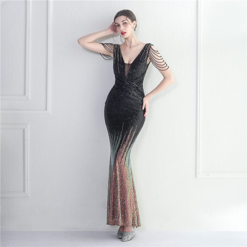 Craft Beaded Sequined Car Model Exhibition Host Dinner Women Long Evening Dress Fishtail Dress - Image 3