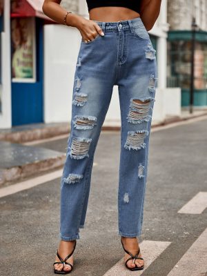 Ripped Slimming Washed Denim Straight Casual Pants Women