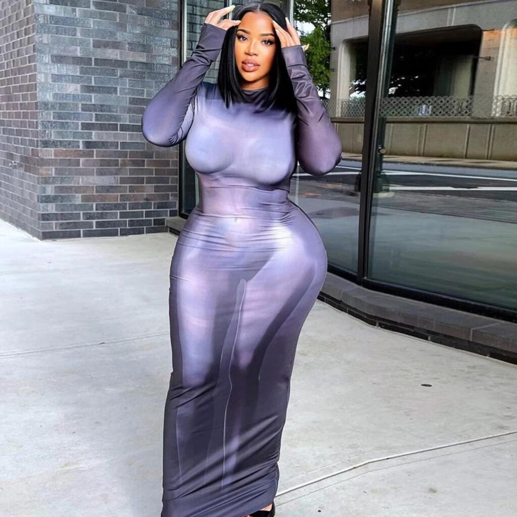 Plus Size Casual Round Neck Slim Fit Printed Sheath Long Sleeve Dress