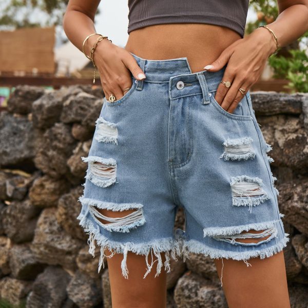 Women Clothing Irregular Asymmetric Torn Raw Hem Ripped Denim Shorts Pants - Image 3