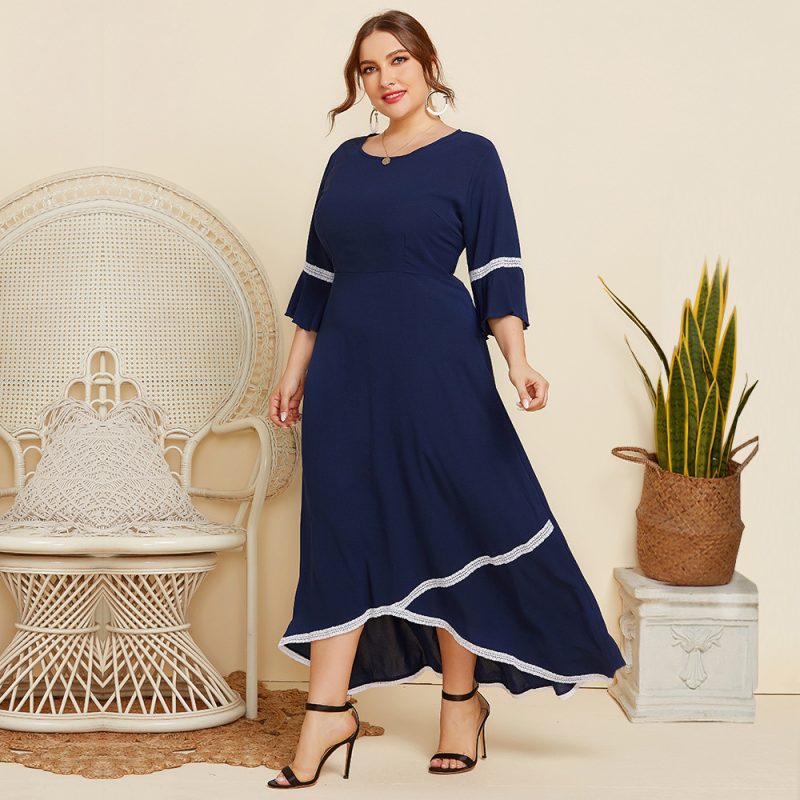 Plus Size Spring Autumn  Women Lace Patchwork round Neck Mid-Sleeve Dress Solid Color Loose - Image 2