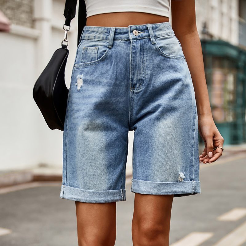 Women Clothing Trade Ripped Curling Five Point Denim Shorts Casual Pants - Image 4