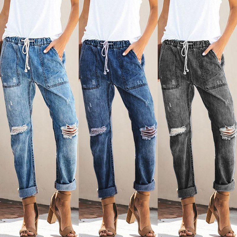 Autumn Wish Drawstring Elastic Waist Ripped Denim Pants Casual Pants For Women - Image 5