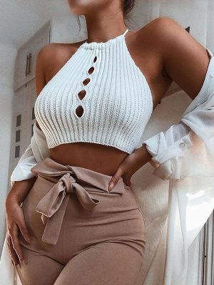 Summer Sexy Waist Hollow Out Slim Vest Knitted Halter Vest Women