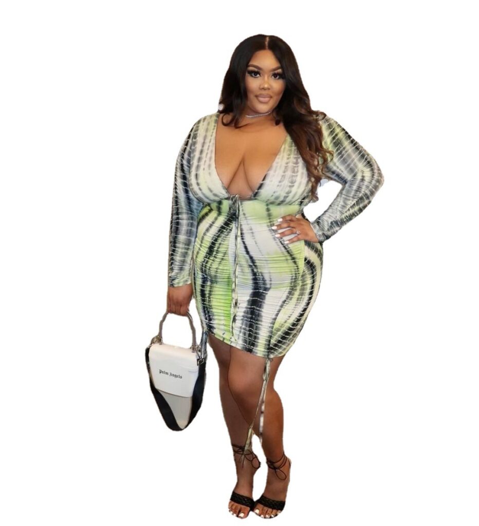 Plus Size Popular  Printed V Neck Sexy Crumpled Hip Dress - Image 5