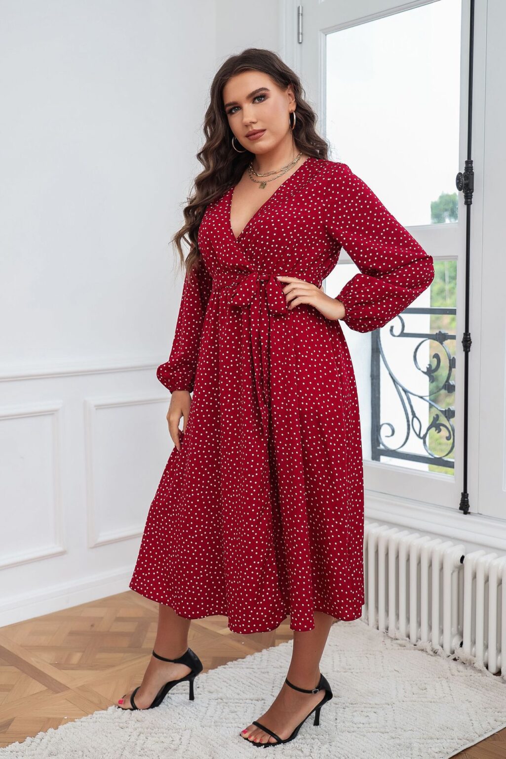 Plus Size Swing Artistic Red  Dress Cotton Office Polka Dot Long Sleeve Women Clothing