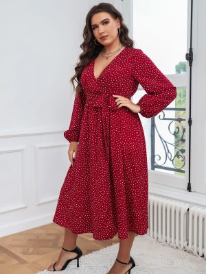 Plus Size Swing Artistic Red  Dress Cotton Office Polka Dot Long Sleeve Women Clothing