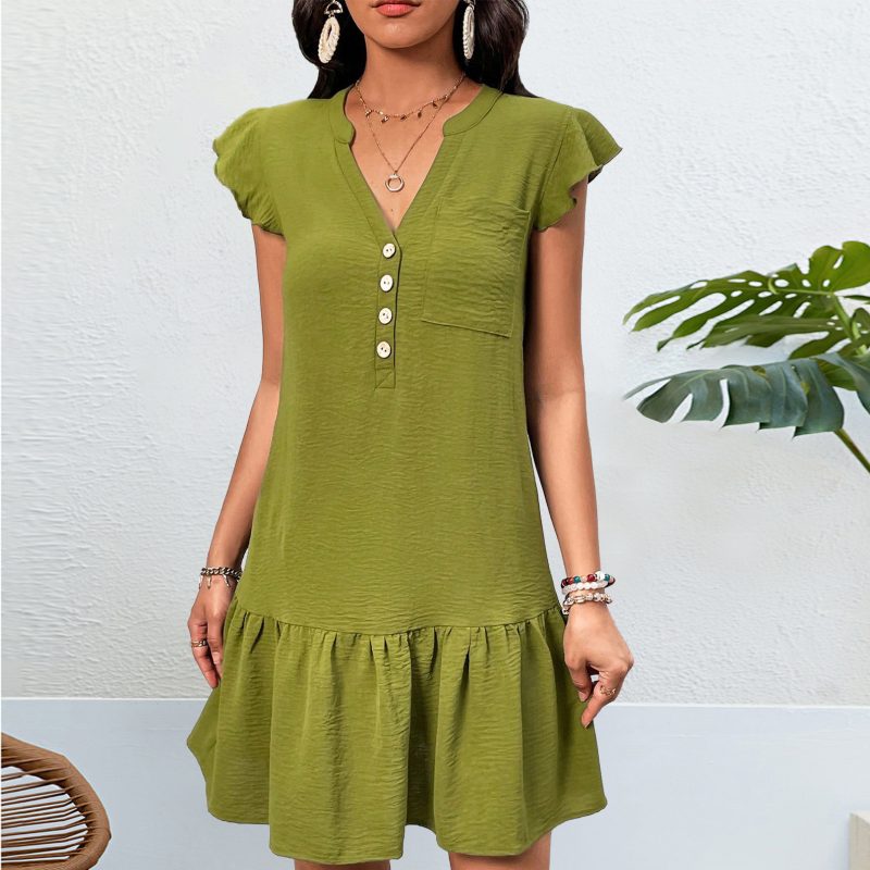 Self Developed Summer Solid Color Dress V neck Ruffle Pleated Layered Midi Princess Dress
