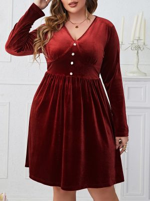 Popular Dark Red V neck Slimming High Waist Long Sleeves Dress