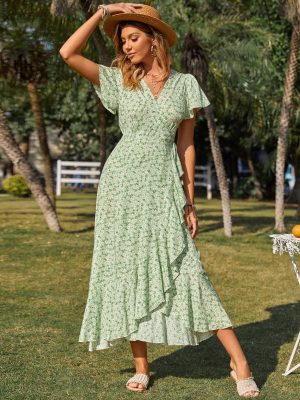 Bohemian Ruffles Sweet Floral Slim Dress V-neck Short Sleeve Ethnic High Slit Beach Maxi Dress