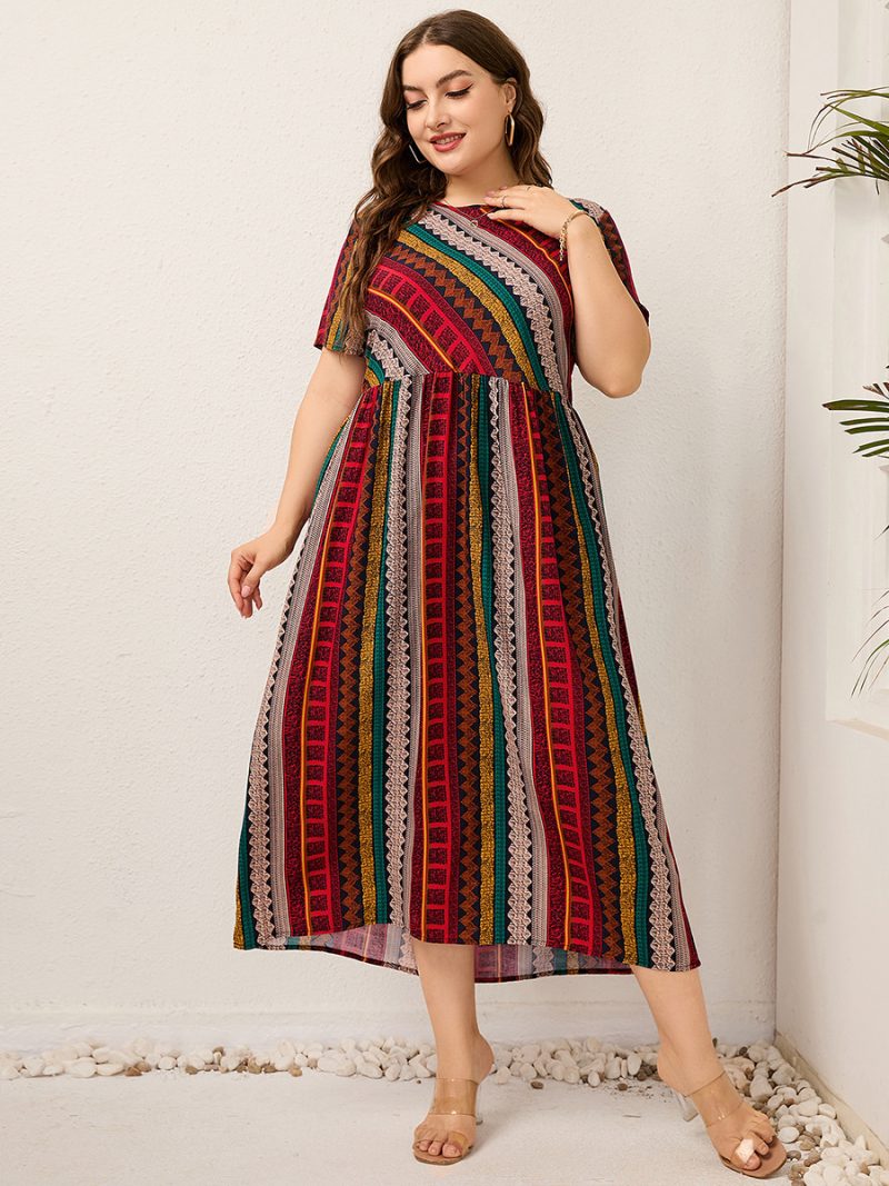 Plus Size Ladies  Women round Neck Twill Stitching Casual Printed Short Sleeves Dress - Image 4
