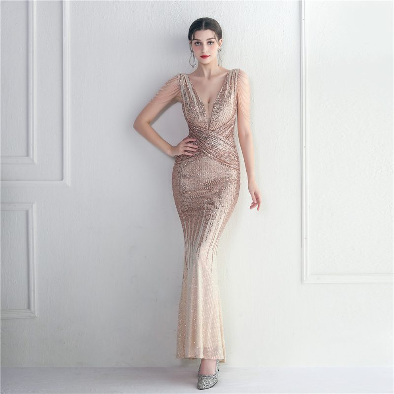 Craft Beaded Sequined Car Model Exhibition Host Dinner Women Long Evening Dress Fishtail Dress - Image 5