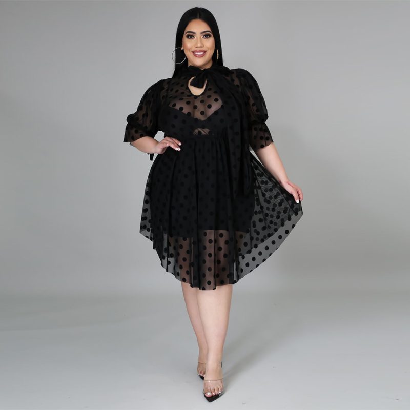 Plus Size Summer Dot Mesh See-through Dress Women - Image 2