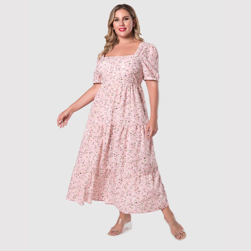 Plus Size Women U Collar Puff Sleeve Floral Dress Sweet Waist Trimming Maxi Dress - Image 3