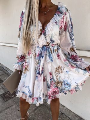 Sexy Ruffles V-neck Printed Long Sleeve Waist Dress