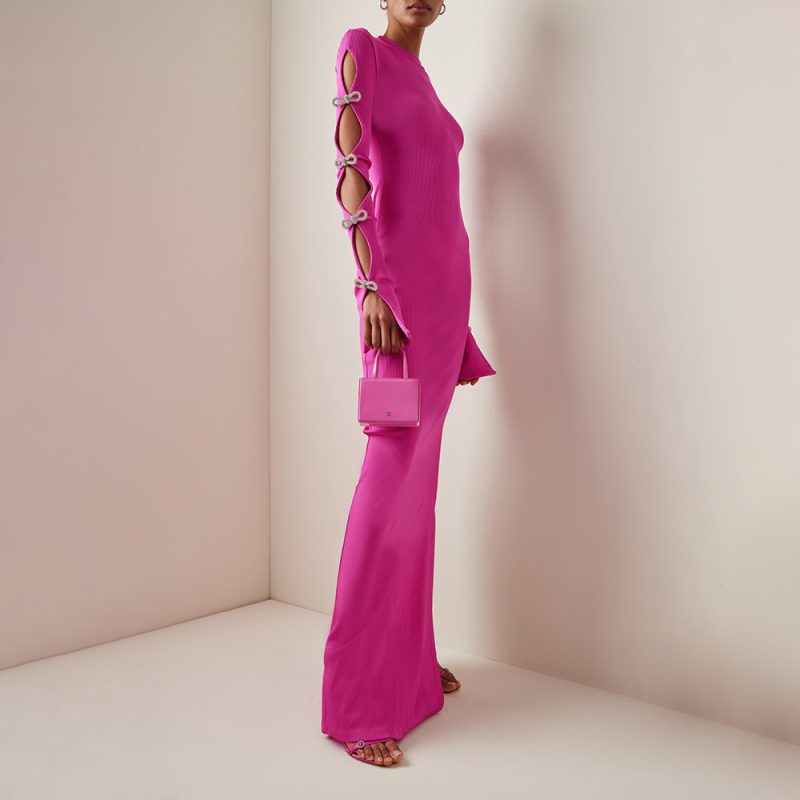 Rose Red Bow Hollow Out Cutout Out Dark Pattern Maxi Dress Elastic Bandage Waist Baring Dress Women Clothing - Image 2