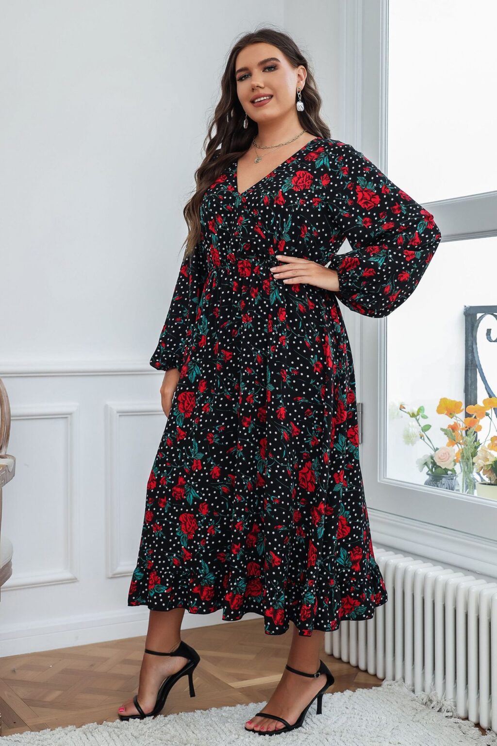 Plus Size Autumn Woven Black Chiffon Big Swing Type Office Printed  Dress Cotton Korean Shirt Dress - Image 2