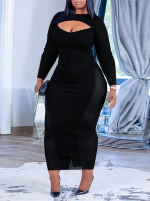 Plus Size Women Autumn Black Mid-Length One-Step Dress Office Solid Color Voile Dress