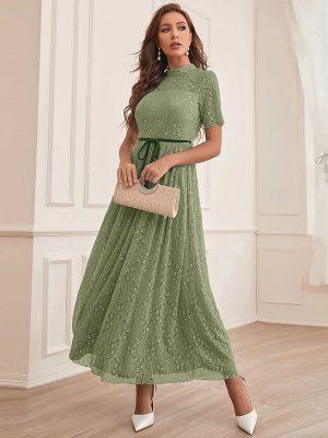 Round Neck Short Sleeve Mesh High Waist Elegant Graceful Dress