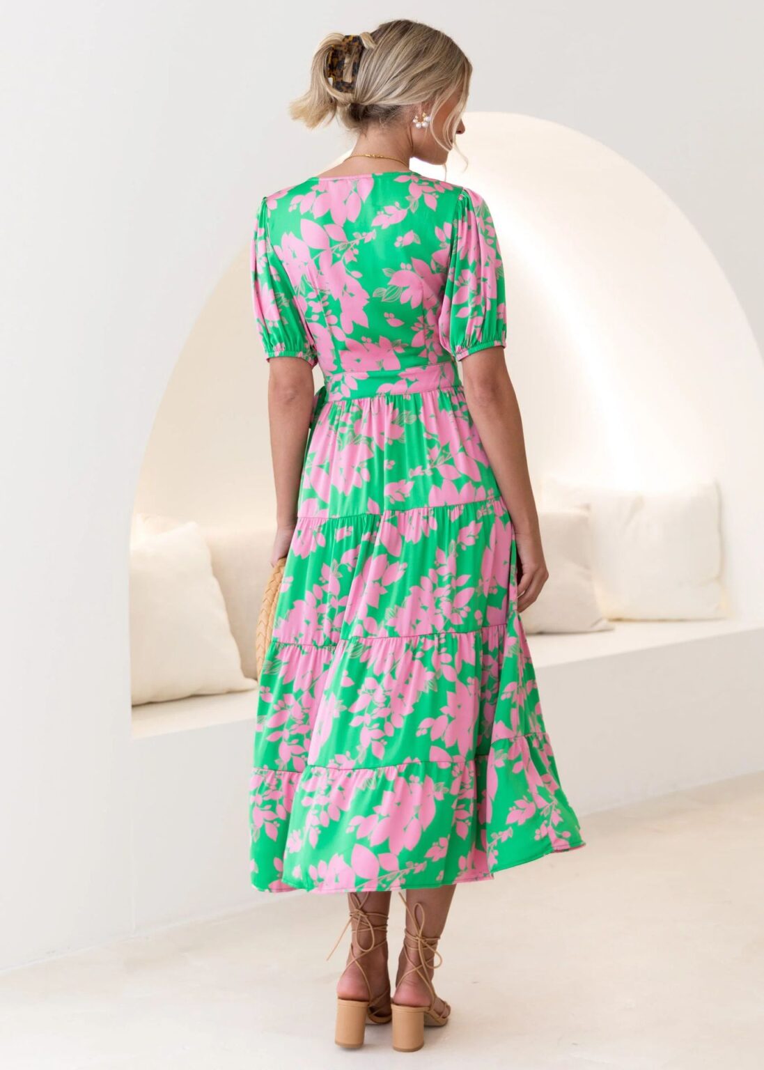 Spring Vintage Court Printed V neck Floral Dress for Women - Image 3