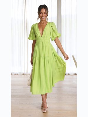 Casual Trends Summer V neck Tight Waist Mid Length Dress