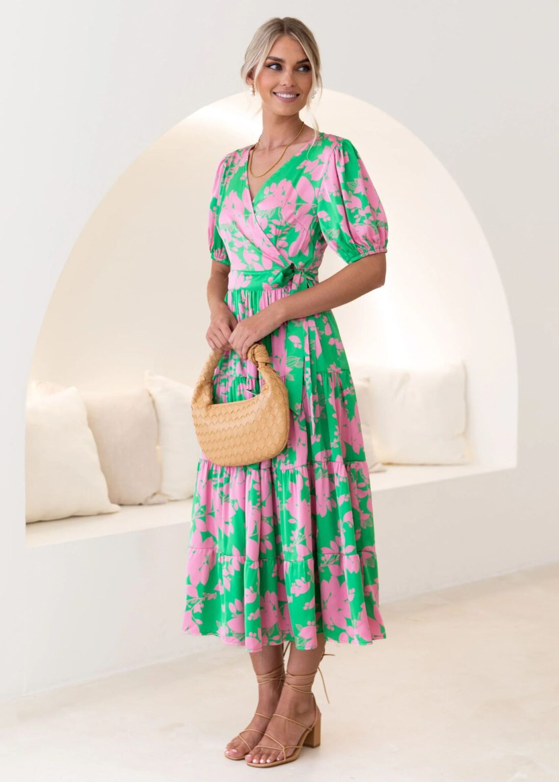 Spring Vintage Court Printed V neck Floral Dress for Women - Image 2