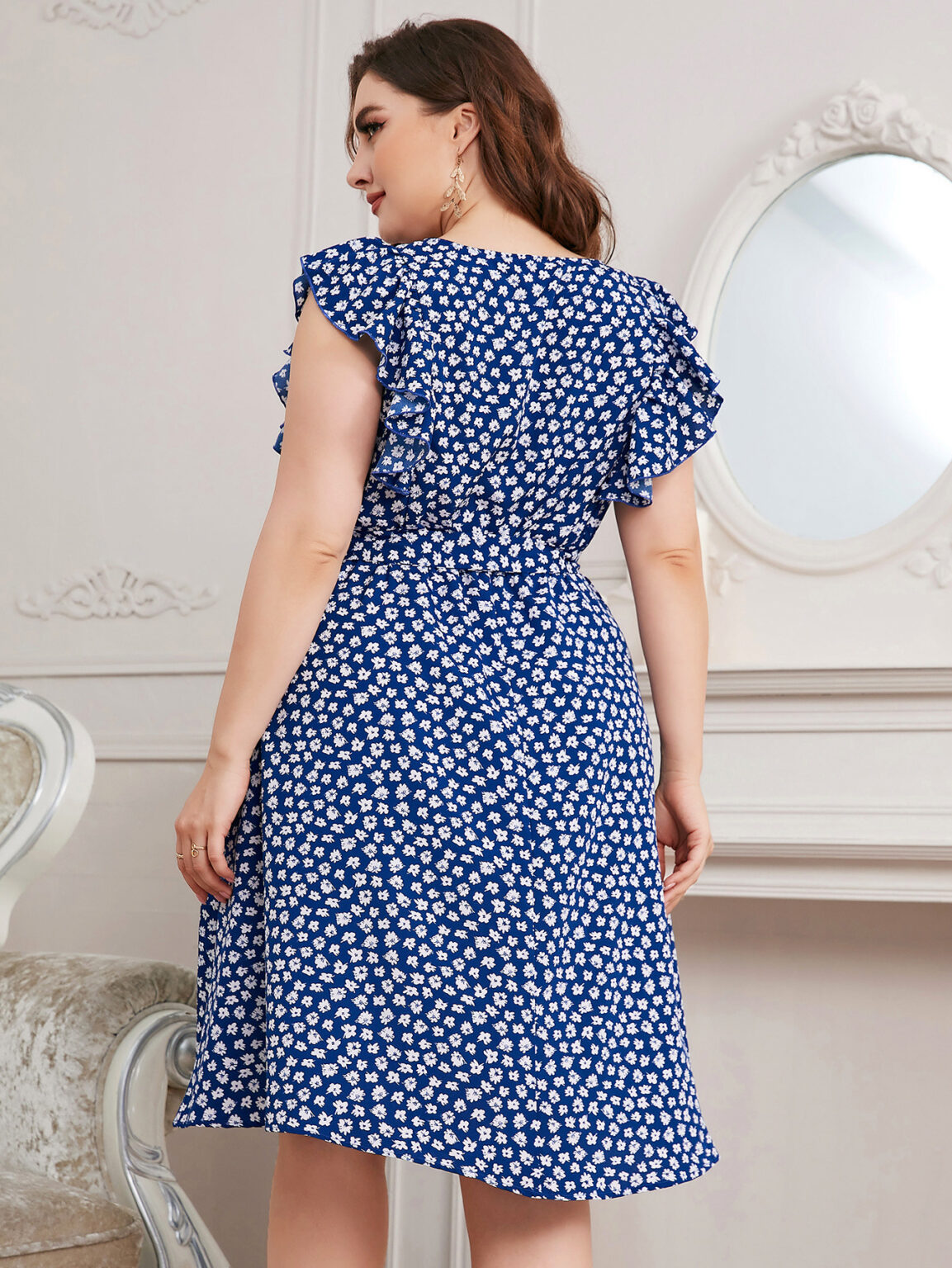 Plus Size Autumn Neck Office Printed Blue Chiffon Dress Expose Clavicle Short Vest Puls Size - Image 4