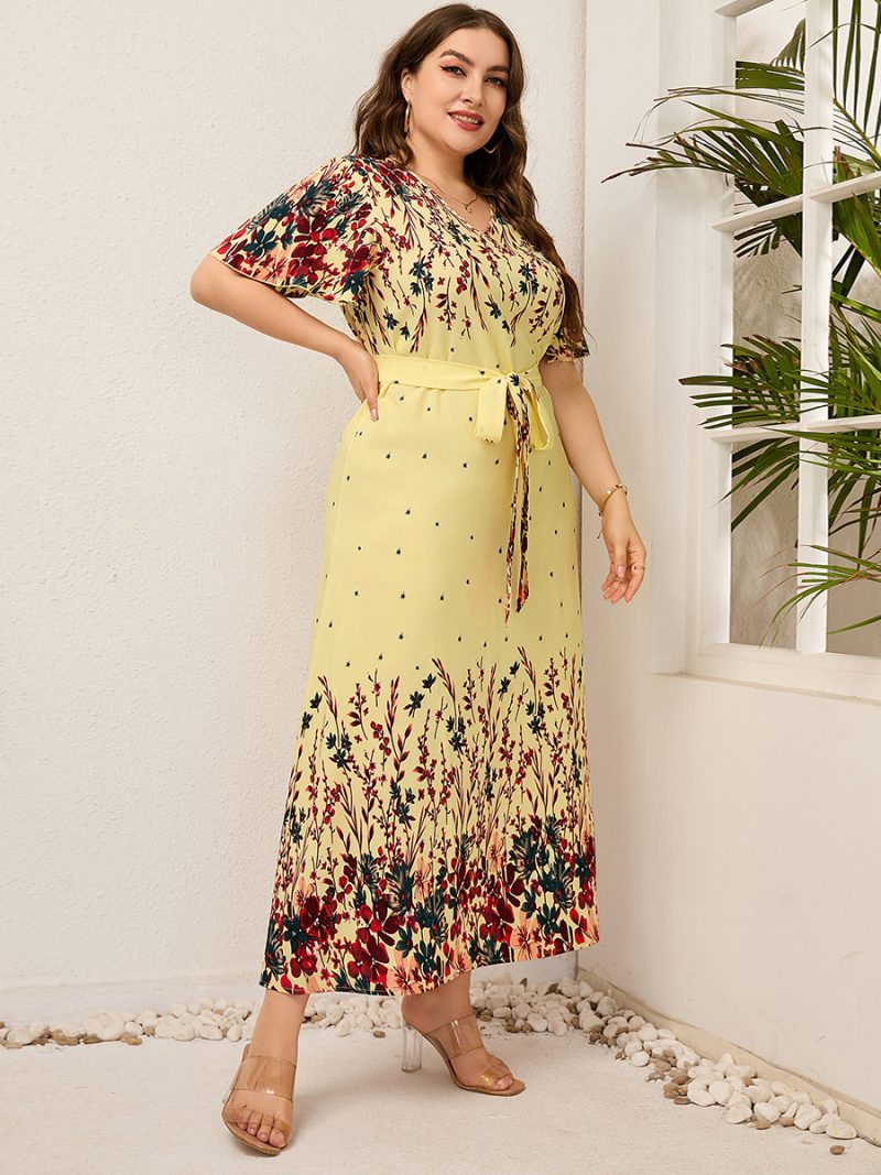 Plus Size Ladies  Bilateral Positioning Printed V-neck Lace up Casual Holiday Swing Dress - Image 4
