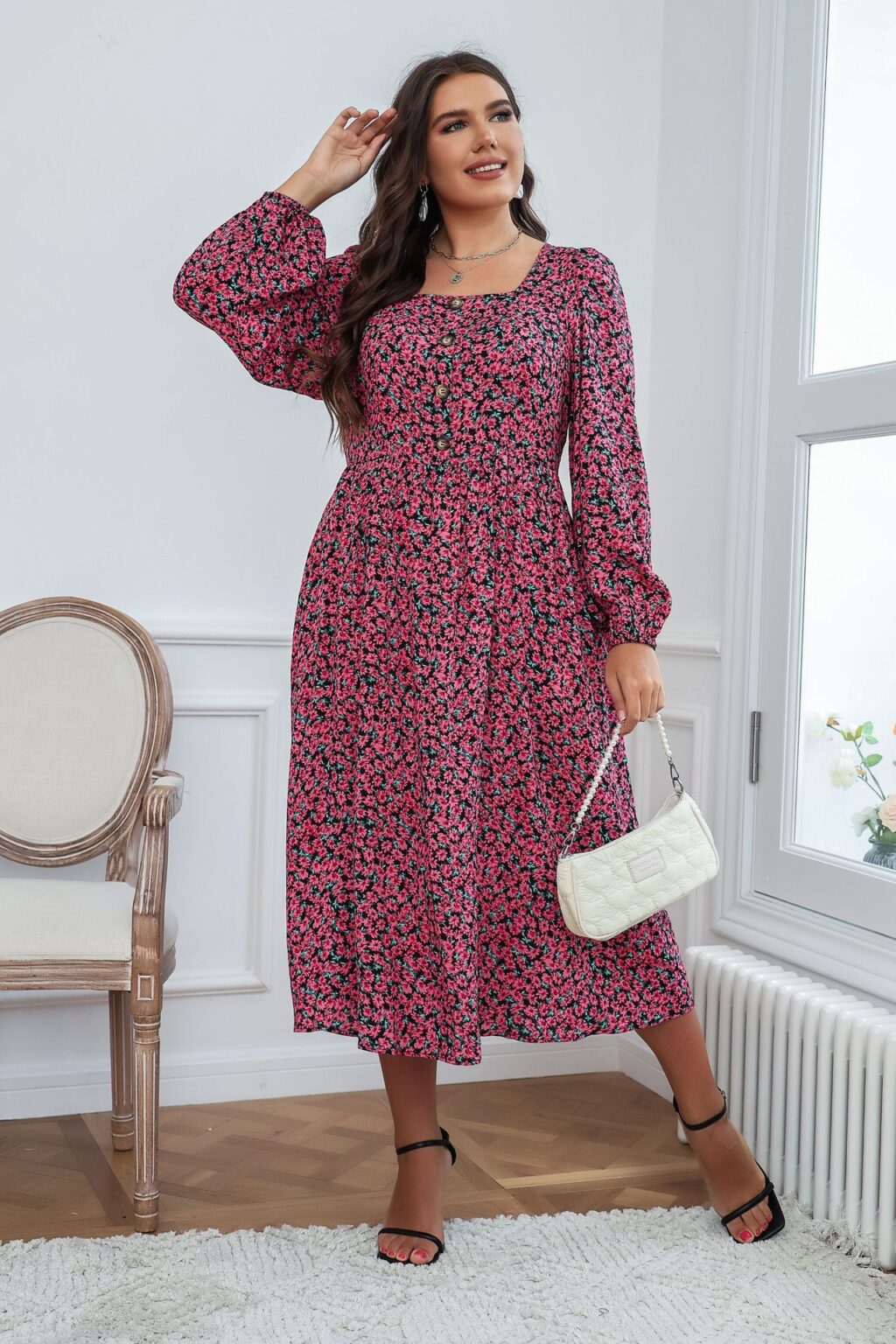 Plus Size Summer Women Square Collar  Printed Dress Supply - Image 3