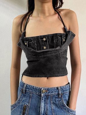 Spring Retro Washed Gray Special Back Hollow Out Cutout Denim Sling Sexy  Halter Vest