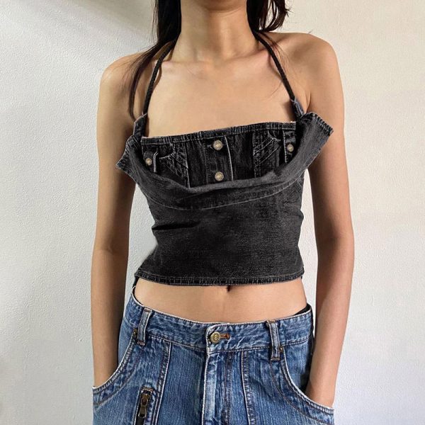 Spring Retro Washed Gray Special Back Hollow Out Cutout Denim Sling Sexy  Halter Vest