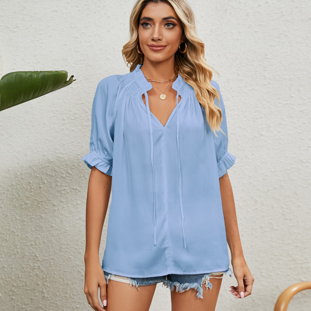Lace Up Princess Sleeves Pleating Chiffon Blouses Women - Image 5