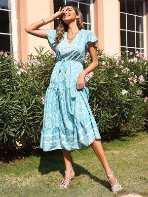 Summer Women Slim Mid Length Floral Dress