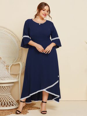 Plus Size Spring Autumn  Women Lace Patchwork round Neck Mid-Sleeve Dress Solid Color Loose