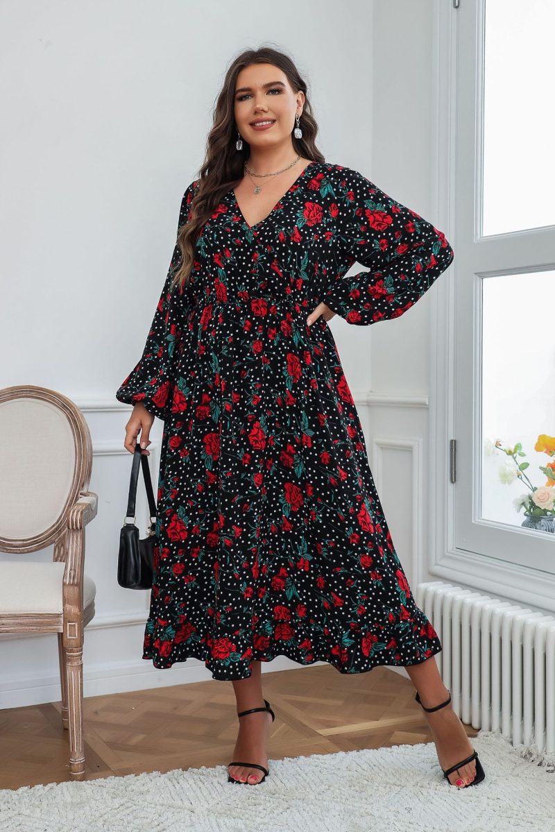Plus Size Autumn Woven Black Chiffon Big Swing Type Office Printed  Dress Cotton Korean Shirt Dress - Image 4