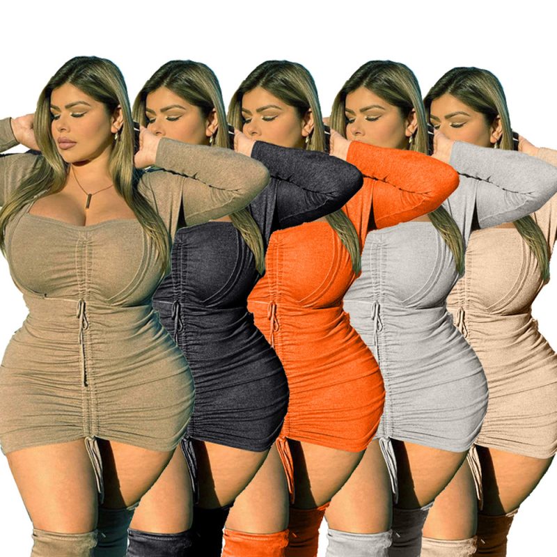 Plus Size Winter V-neck Short Solid Color Elegant Hip Dress Dress Tight Dress - Image 5