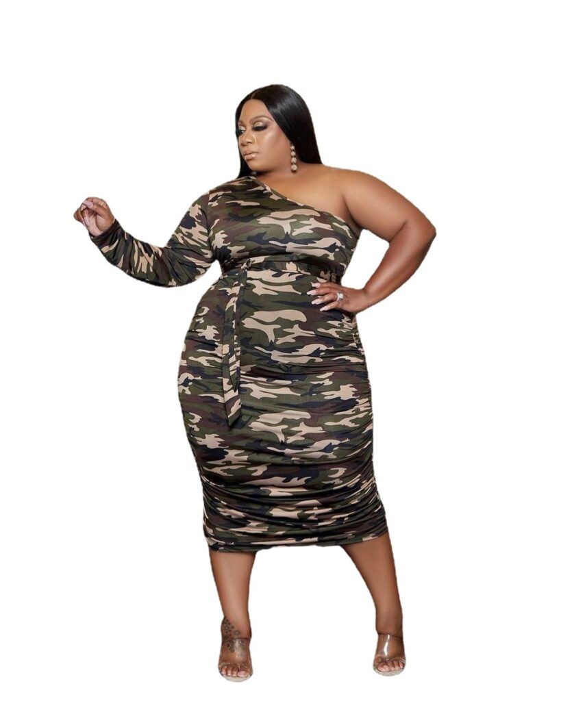 Plus Size Autumn Winter Loose One-Shoulder Crossbody Printed  Lady Maxi Dress - Image 4