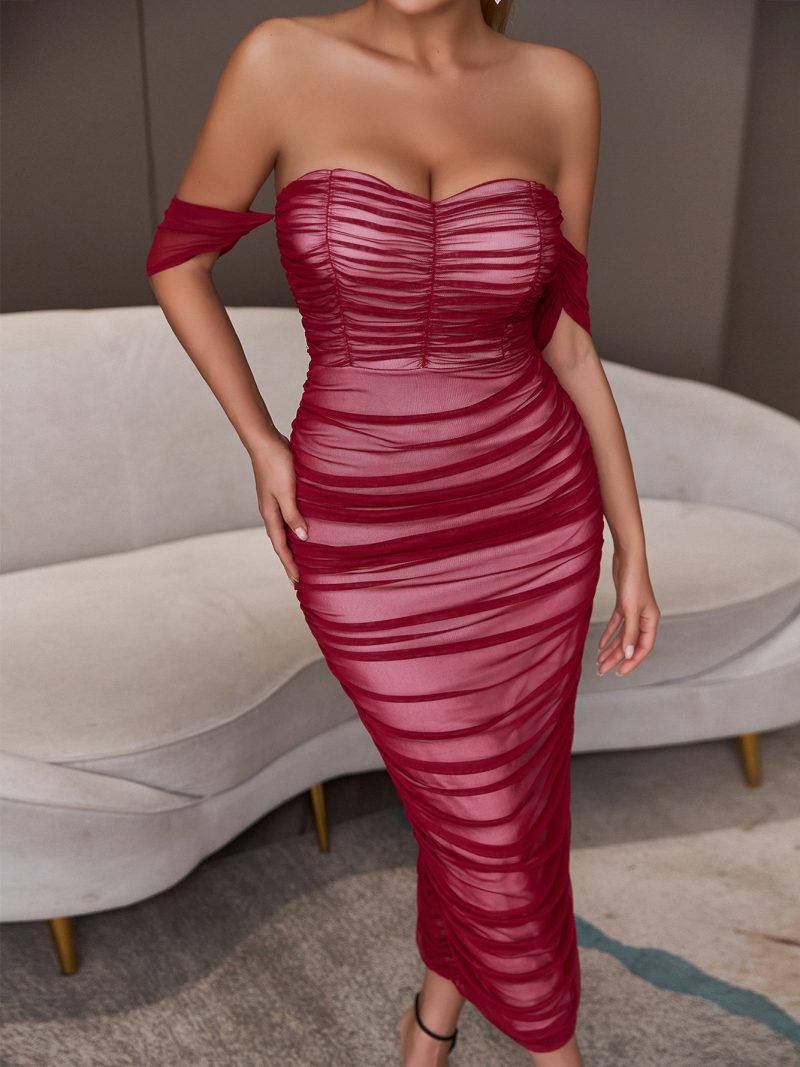Bandeau One-Shoulder Tight Dress Women Sexy Wine Red Mesh Elegant Summer Evening Party Dress Maxi Dress - Image 2