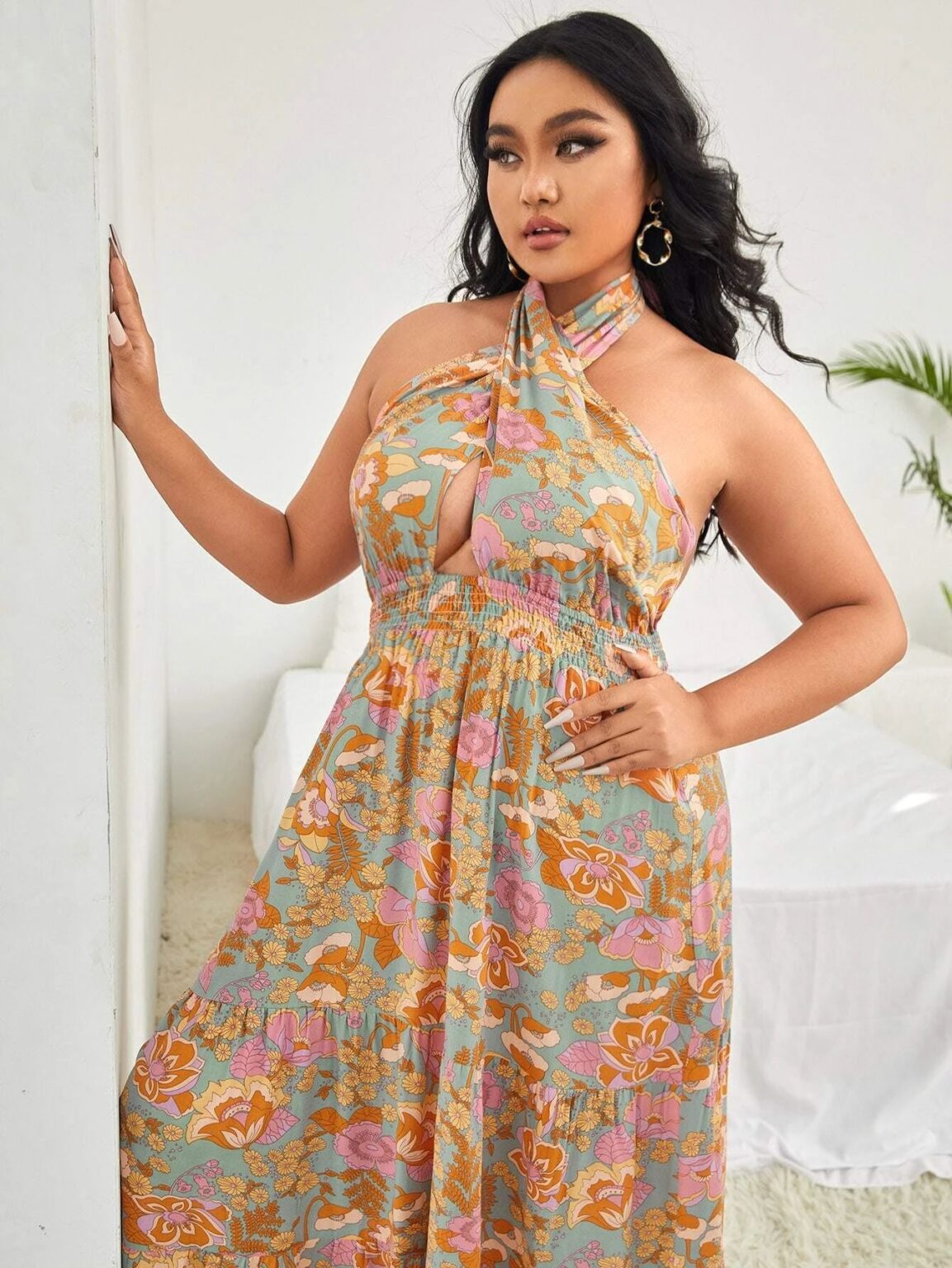 Plus Size Women Clothing Sexy Lace-up Halter Split Print Holiday Dress - Image 4