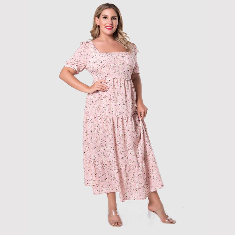 Plus Size Women U Collar Puff Sleeve Floral Dress Sweet Waist Trimming Maxi Dress - Image 4