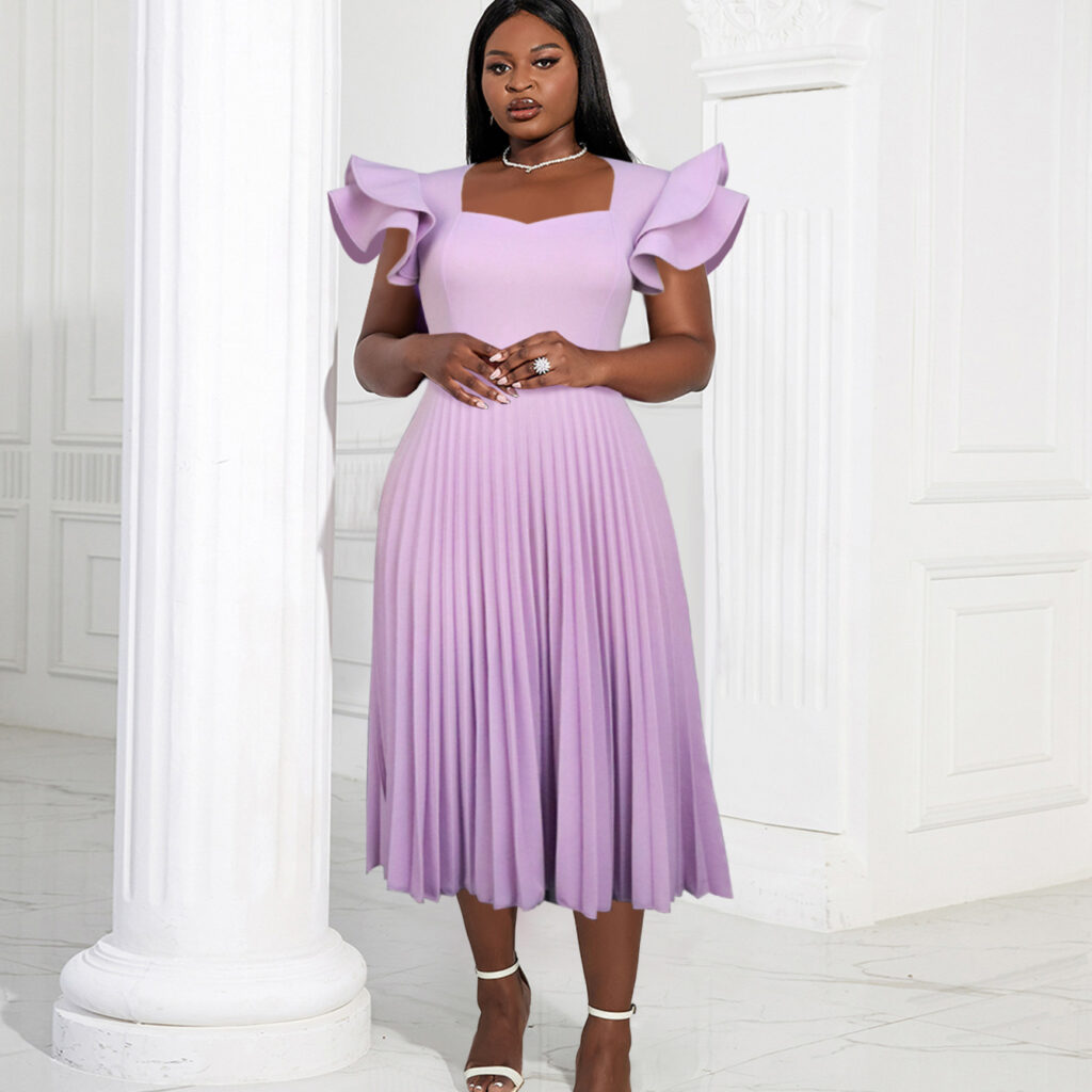 Spring Autumn Light Purple Square Collar Dress Elegant Graceful Casual Office Pleated Dresses