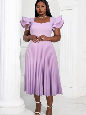 Spring Autumn Light Purple Square Collar Dress Elegant Graceful Casual Office Pleated Dresses