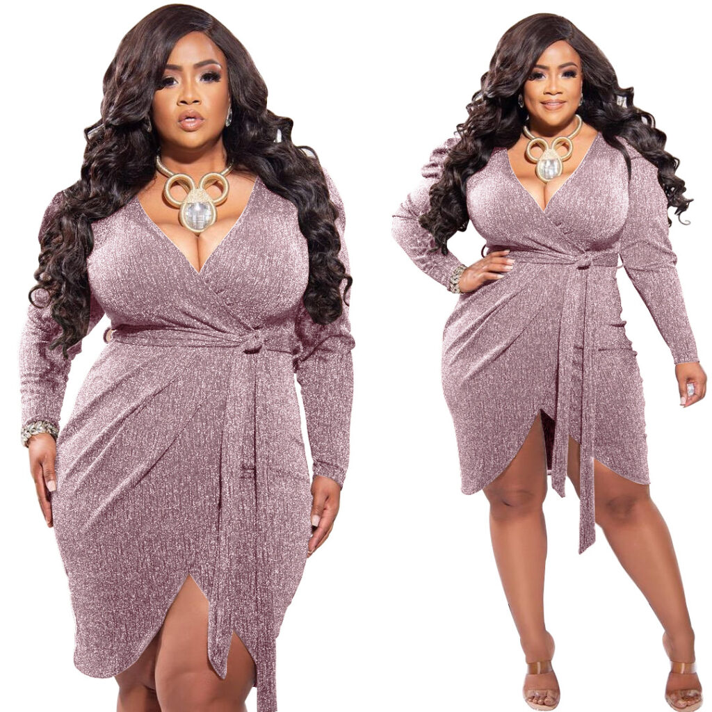 Plus Size Deep V Plunge Plunge Long Sleeve Dress Women Bright Silk Lace-up Sheath Sexy Mini Dress - Image 5